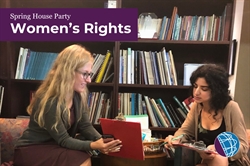 [ai] Two women engaged in a discussion during a meeting about women's rights, surrounded by bookshelves. The background features a variety of books, and the image includes text about a Spring House Party.